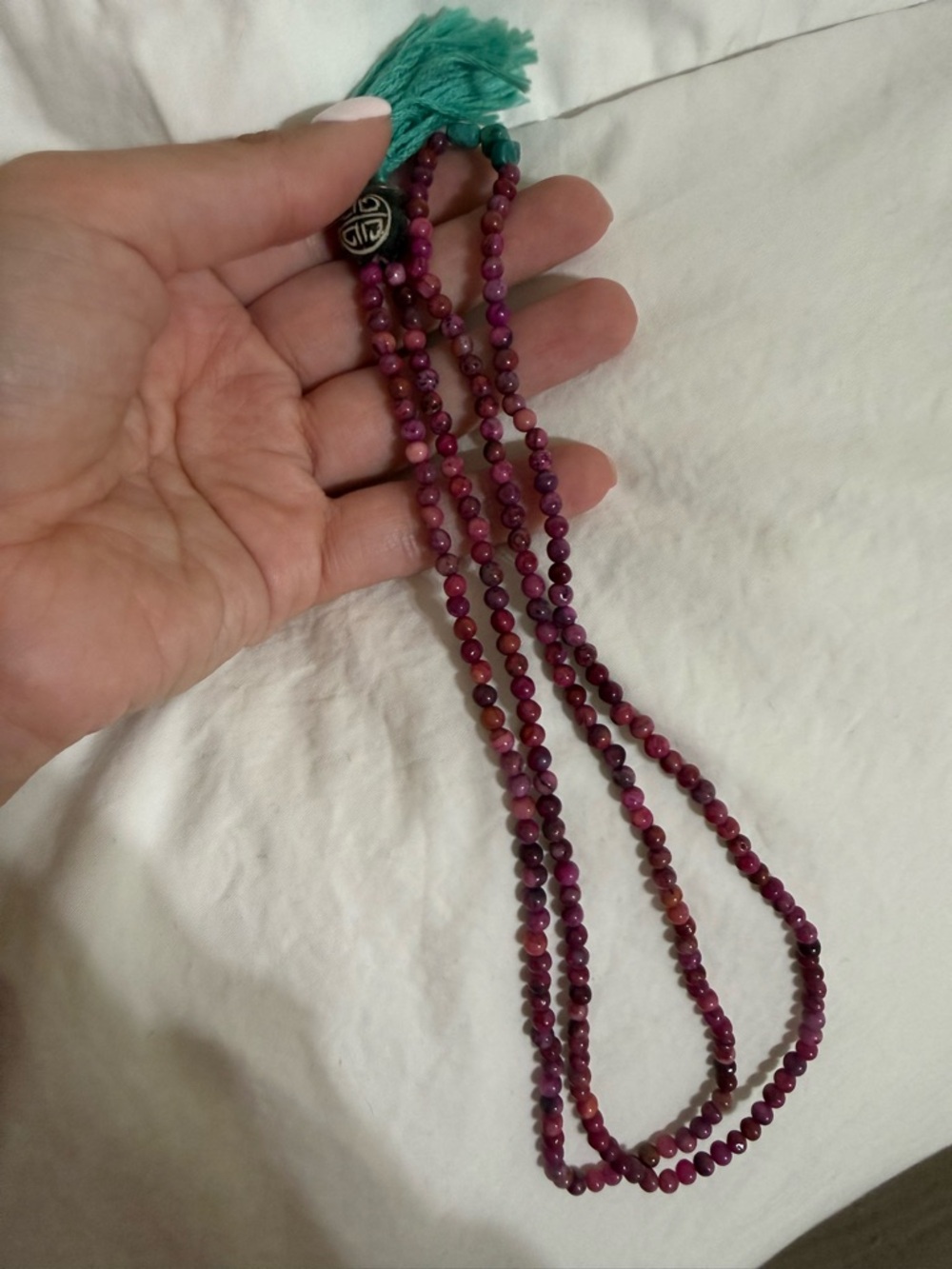 Mini Mala Necklace w/ Pink Jade Beads + Tassel